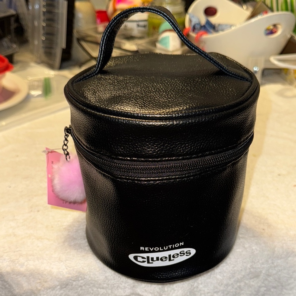 NWT Revolution Clueless Black Cosmetic Bag with Pink Pom-Pom